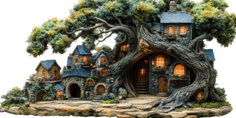 Enchanting fairy treehouse village fantasy architecture detailed whimsical home decor for magical realms seekers on transparent background