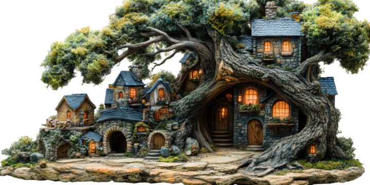 Enchanting fairy treehouse village fantasy architecture detailed whimsical home decor for magical realms seekers on transparent background