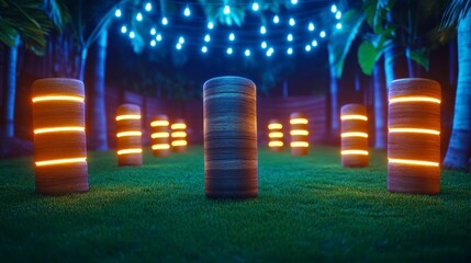 Naklejka premium Illuminated garden scene featuring glowing pillars surrounded by greenery under soft evening lights
