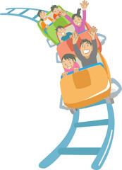 遊園地でローラーコースターを楽しむ人々