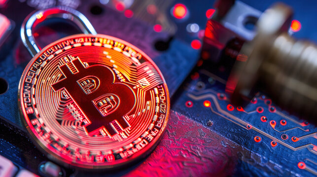 Glowing red padlock on dark digital interface symbolizing cryptocurrency security breach, blockchain technology concept for cyber security and data protection.