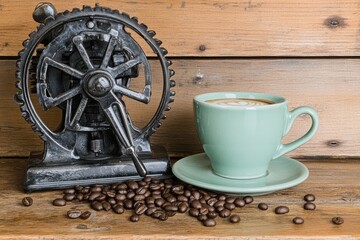 Obraz premium Aged coffee grinder and latte art A vintage-style coffee grinder sits beside a cup of latte with a latte art design Coffee beans are scattered around