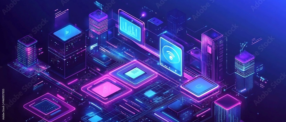 Poster cybernetic networkscape: a neon isometric visualization of data flow