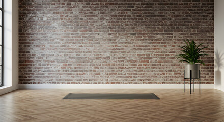 A dark gray yoga mat sits on the floor in minimalist yoga studio with a brick wall and a shiny white floor
