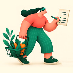 A woman walks forward with a basket of vegetables, checking off items on a shopping list. Grocery planning as a part of a healthy and organized lifestyle.  Flat , 3D