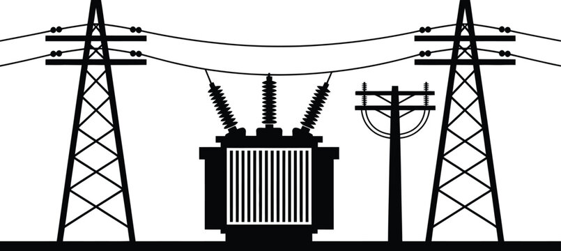 Electricity infrastructure illustration featuring power lines transformer and transmission towers in black and white