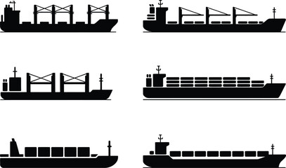 Collection of black silhouette illustrations representing various cargo ship designs and transport