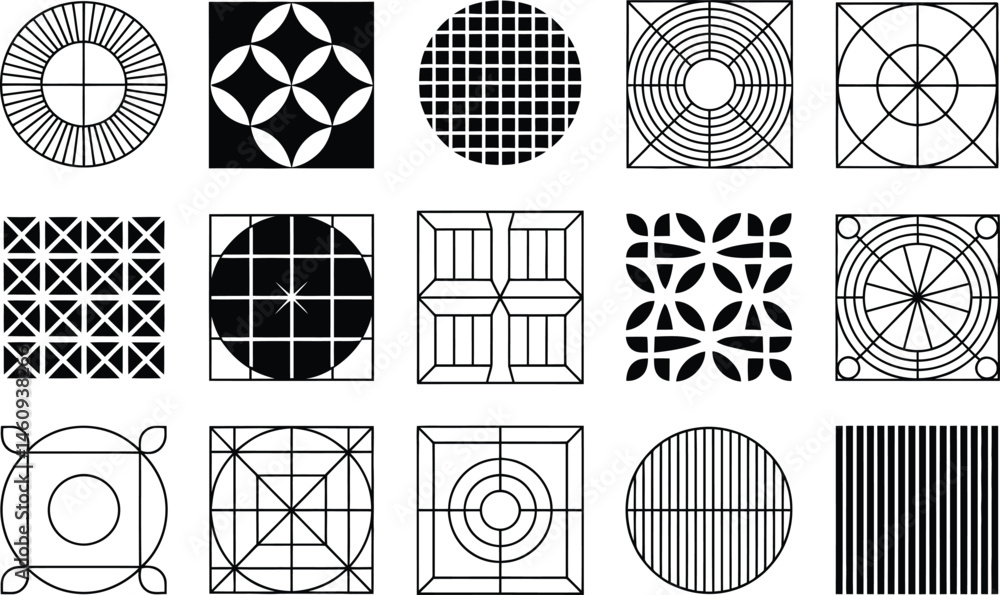 Poster collection of decorative geometric designs and patterns in simple black and white style