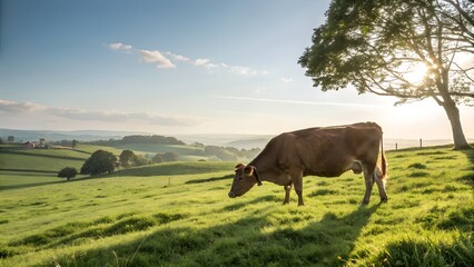Cow Grazing in the Green Landscape: A serene scene unfolds, featuring a cow peacefully grazing on a vibrant green hillside beneath a radiant, sunny sky.