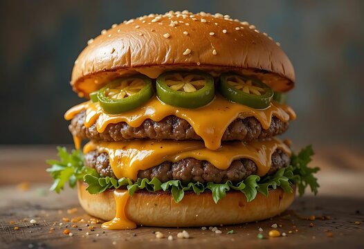 Double Cheeseburger with Jalapenos on Wooden Surface
