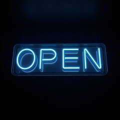Overhead High-Resolution Neon OPEN Sign with Blue-Green Helvetica Font and Dramatic Lighting on Isolated Background

