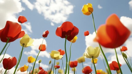 Colorful tulips reaching skyward against a backdrop of clouds.