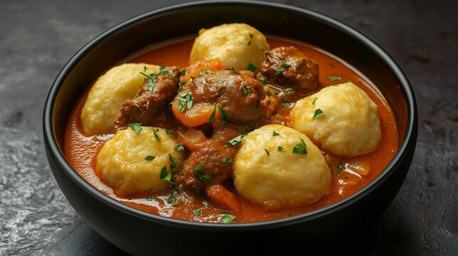 Regular side view of spicy goat curry soft dumplings dark textured background rich savory South African dish from Free State kitchens comforting meat meal cut out on isolated transparent background