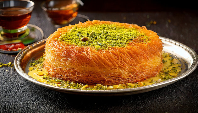 kunafa famous middle eastern dessert or sweet served in a plate.Delicious Sweet Kunafa with Melting Cheese and Pistachios.Kunafa baklava sweets in Israel.