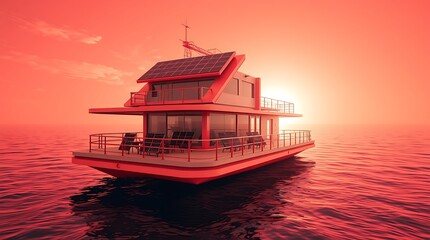 Strong, hard light in a surreal infrared 3D rendering of a floating eco-home. Infrared spectrum, otherworldly appearance, harsh shadows, solar panels, and ocean views