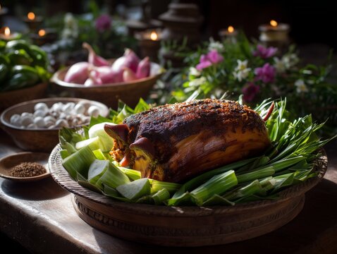 Traditional food of indonesia Babi Guling Bali, whole roasted pig, Balinese spices, temple feast