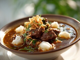 Traditional foods Coto Makassar, beef stew, ketupat, fried shallots