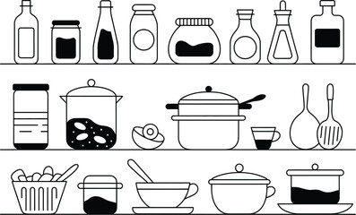 Outline illustration of kitchen utensils ingredients and cooking essentials arranged on shelves