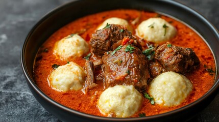 Regular side view of spicy goat curry soft dumplings dark textured background rich savory South African dish from Free State kitchens comforting meat meal cut out on isolated transparent background