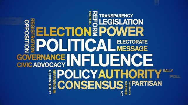 Political influence animated word cloud;text design animation tag kinetic typography seamless loop.