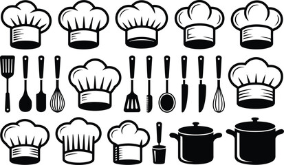 Vector illustration of chef hats cooking utensils and kitchenware elements in black and white
