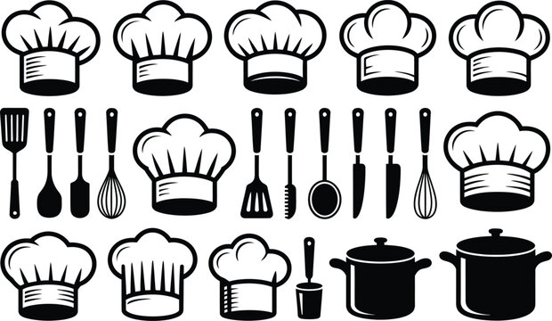 Vector illustration of chef hats cooking utensils and kitchenware elements in black and white