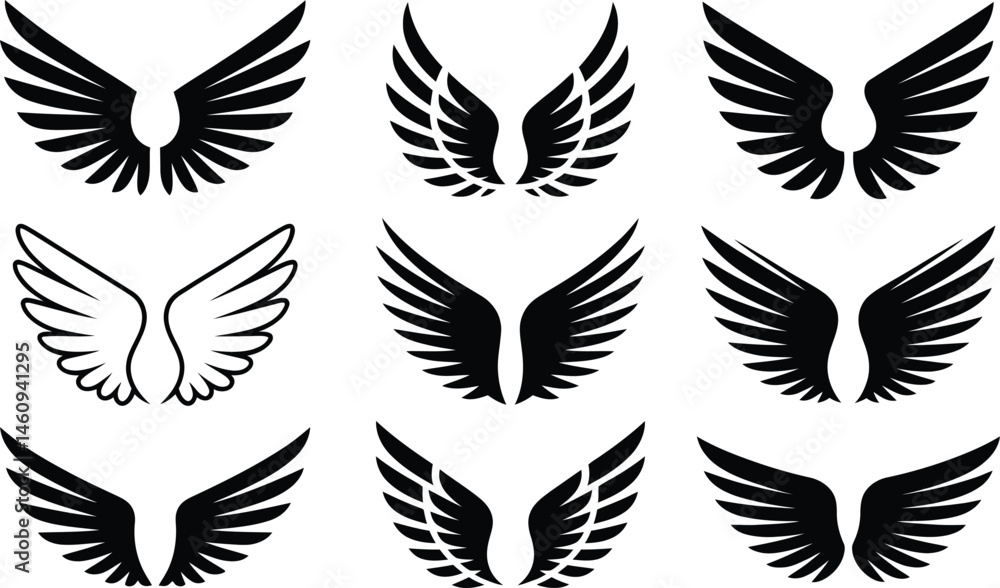 Poster collection of vector wings in various styles perfect for logos and design projects