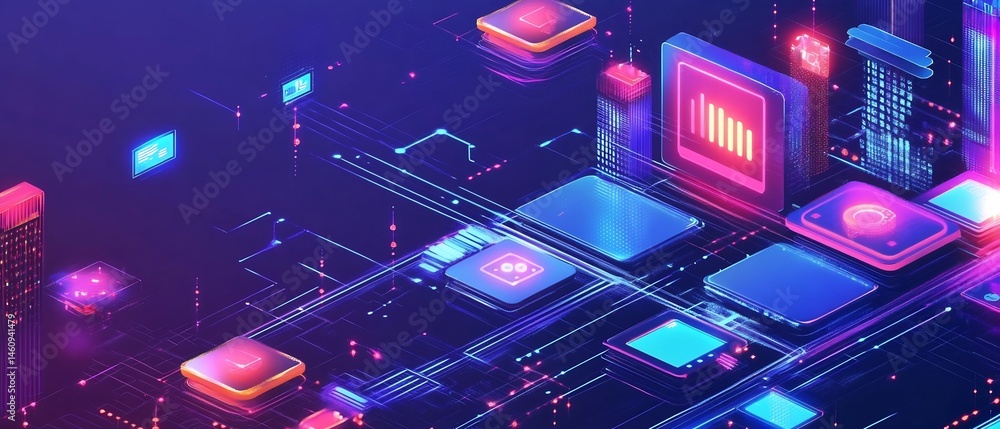 Aufkleber abstract digital landscape featuring interconnected electronic components and data flow