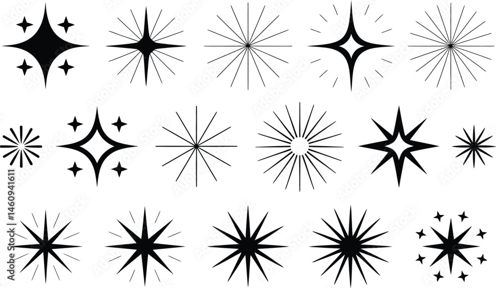 Poster collection of starburst and sparkle icons in various styles for design elements