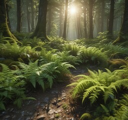 Fototapeta premium Sun-dappled ferns unfurl on mossy forest ground, scene, earthy tones