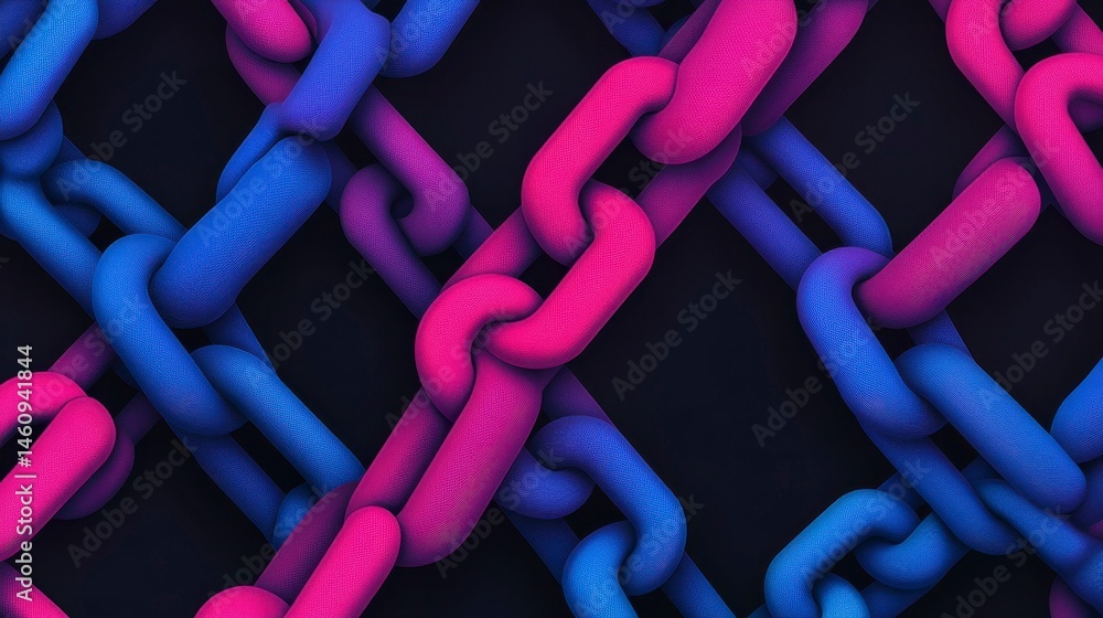 Poster vibrant 3d chain links interwoven in a dynamic pattern showcasing a blend of pink and blue colors on