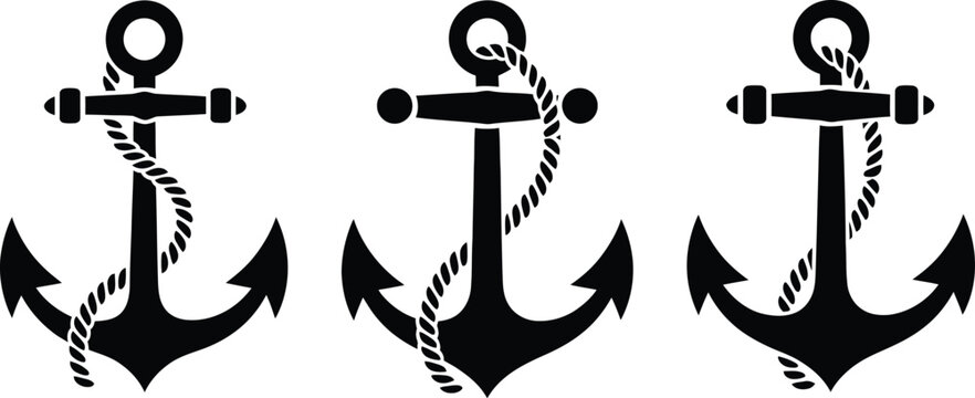 Three black nautical anchor silhouettes with rope isolated on white background