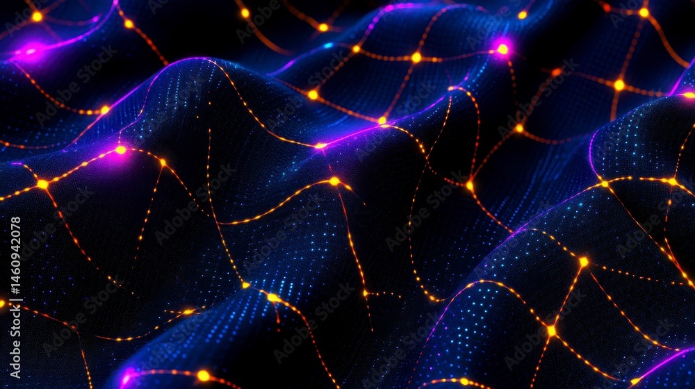 Poster abstract digital landscape featuring vibrant waves and interconnected nodes illuminated by glowing l