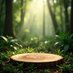 Obraz premium A serene image of a moss-covered tree stump bathed in soft sunlight within a vibrant green forest. suitable for a product placement.