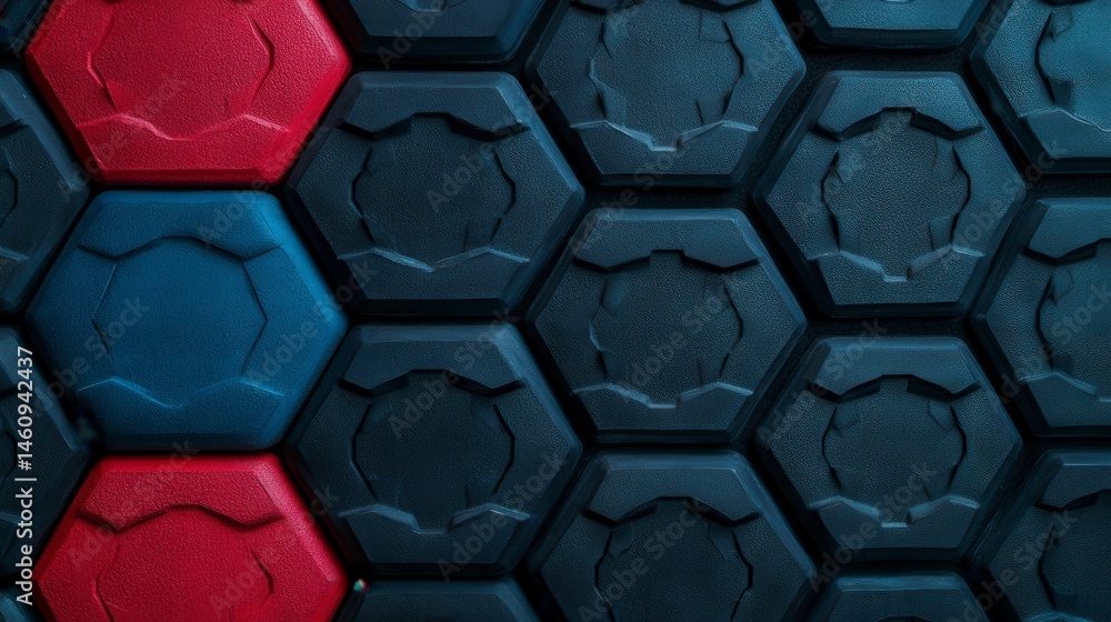 Poster a close-up view of textured hexagonal tiles in varying shades of black, blue, and red, creating an a