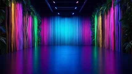 Vibrant stage setting with colorful drapes and lush tropical foliage creating an energetic atmosphere for performances or events