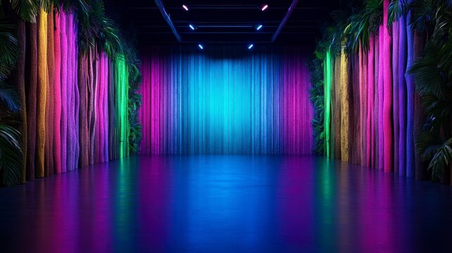 Vibrant stage setting with colorful drapes and lush tropical foliage creating an energetic atmosphere for performances or events