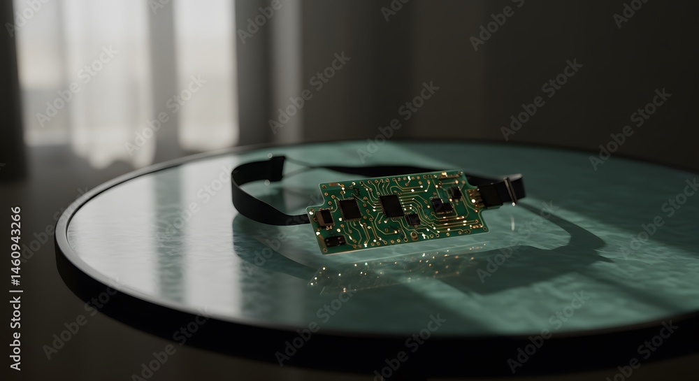Poster closeup of a circuit board on a glass table in soft light, technological innovation and design