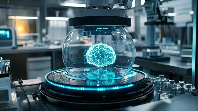 High-tech laboratory showcases holographic brain model in advanced research setting