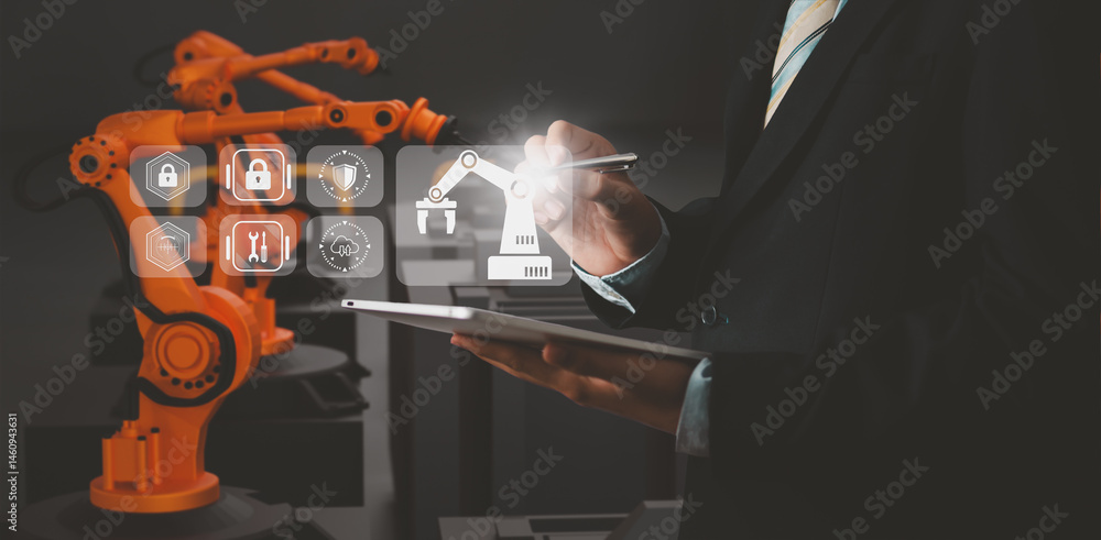 Wall mural industry engineer in smart factory using transparent glass tablet to control automated robotic arm w