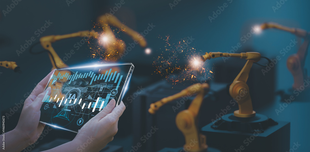 Wall mural industry engineer in smart factory using transparent glass tablet to control automated robotic arm w
