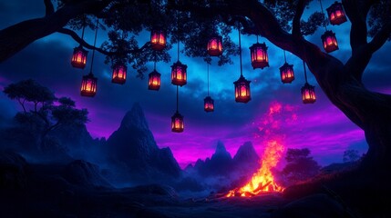 Fototapeta premium A mystical landscape with glowing lanterns hanging from an ancient tree, illuminating a tranquil campsite amidst dark mountains.