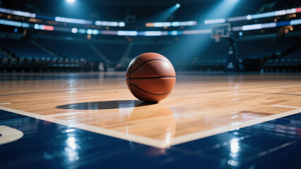 basketball resting alone in empty sports arena.