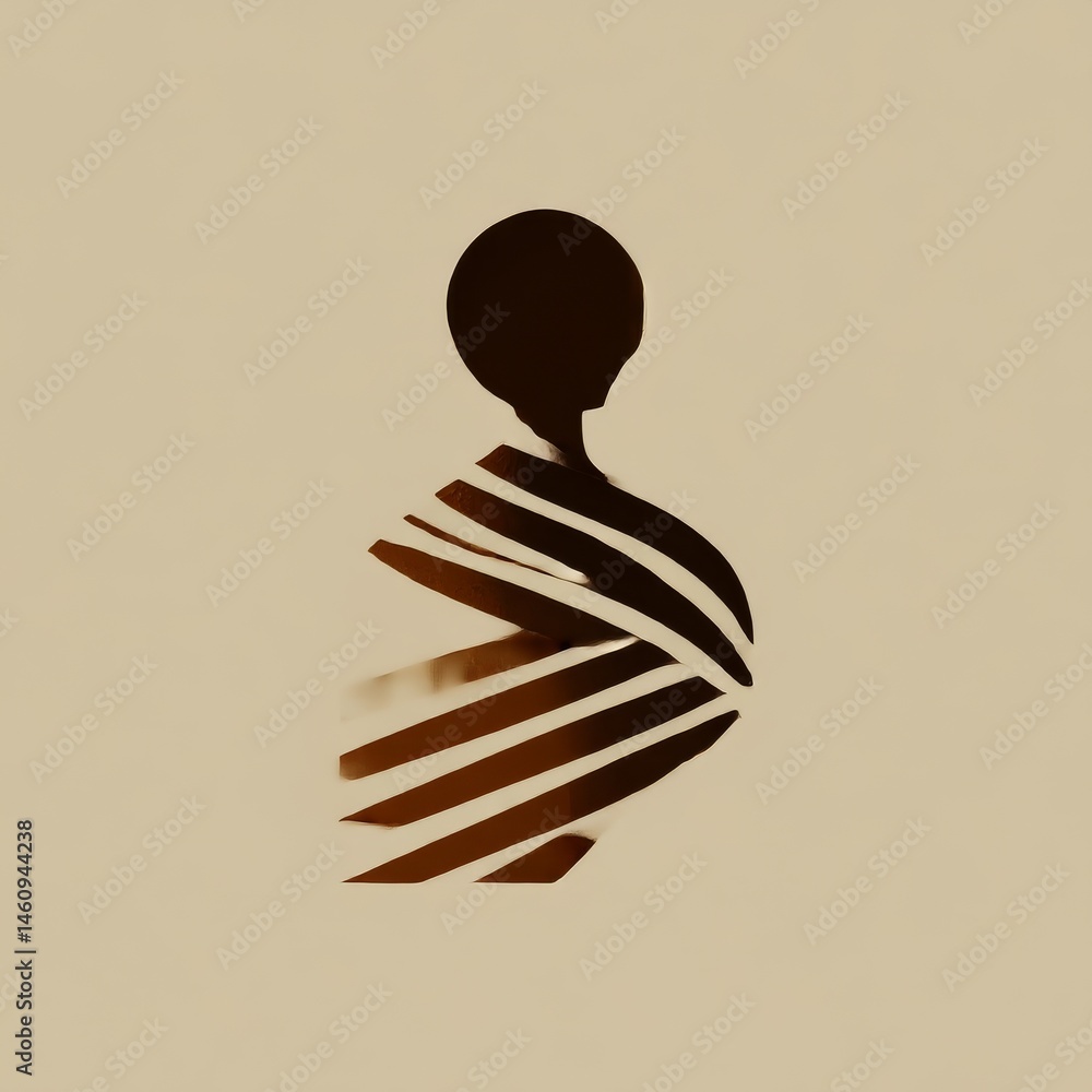 Poster abstract figure with horizontal slices, beige and brown tones, minimalist art with modern design ele