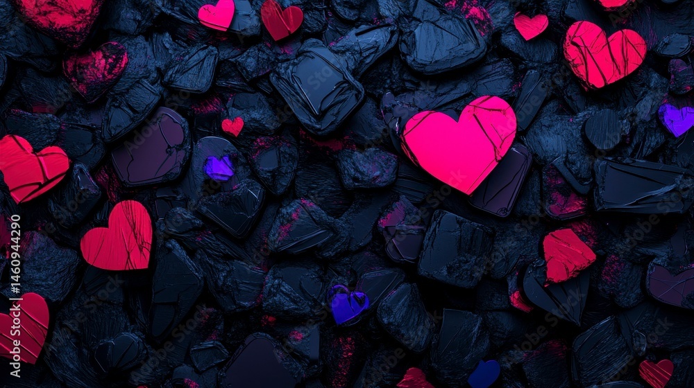 Poster abstract heart shapes scattered on a dark surface, creating a visually striking and emotional backdr
