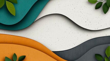 Abstract background featuring colorful wavy layers and green leaves, creating a refreshing and modern design aesthetic.