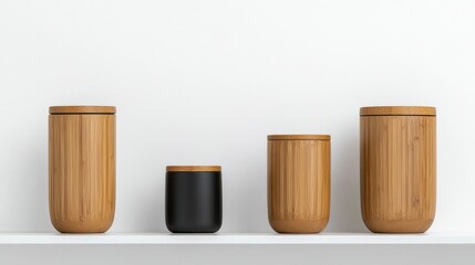 Trendy bamboo storage jars displayed on a clean shelf against a minimalist wall backdrop showcasing modern design aesthetics