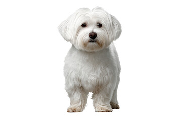 Cute white Maltese dog standing and looking forward isolated on transparent background