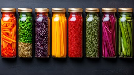 Colorful assortment of jarred vegetables and legumes arranged neatly against a dark background for a vibrant culinary display