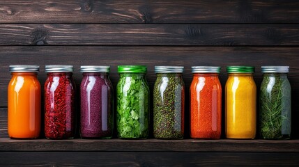 A colorful display of assorted jars filled with vibrant spices, herbs, and natural ingredients arranged on a rustic wooden background